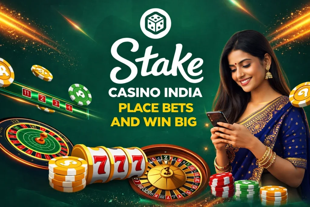 Vibrant green casino promo with glowing slot reels showing triple 7s, roulette wheels, poker chips, dice, and sparkling light trails. Bold white text "Stake CASINO JOIN NOW AND WIN BIG!" with dice logo.